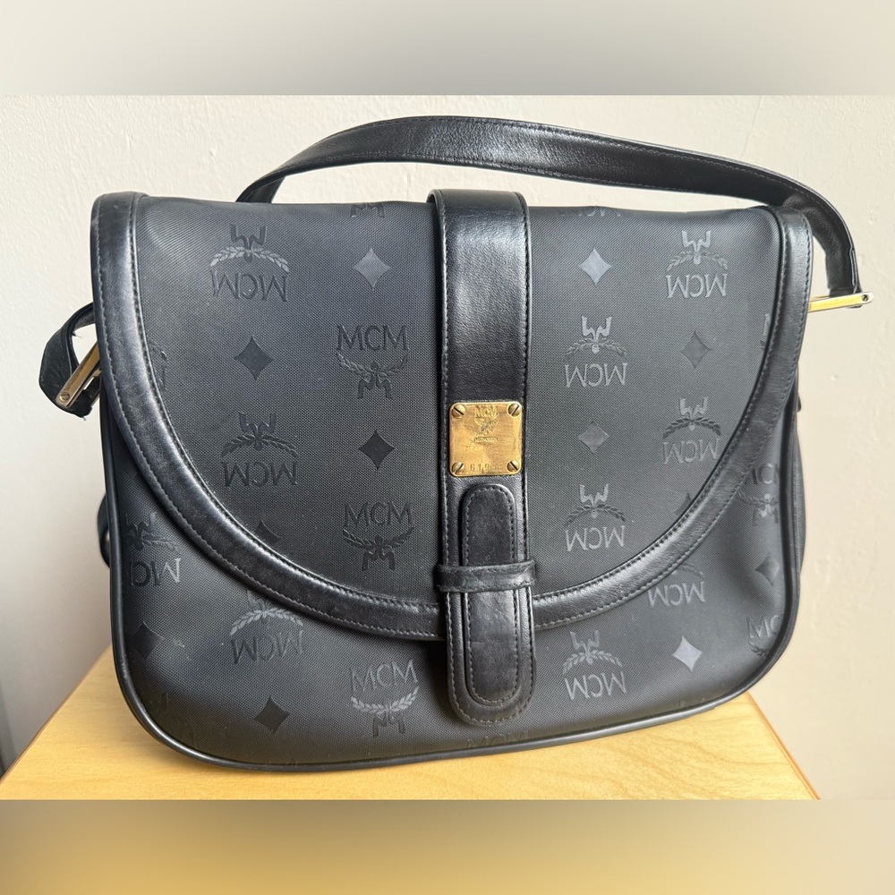 Vintage MCM Black Leather Crossbody Bag with Gold Accent